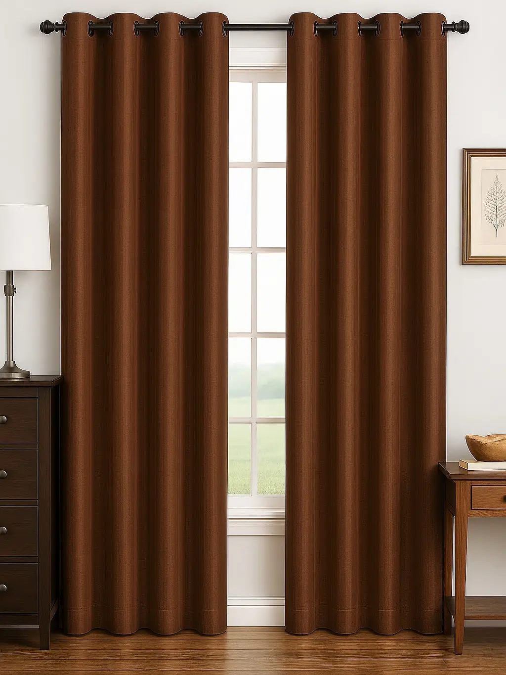 Luxury Glow Faux Silk Curtain Panel – 2 Panel Set, Each 54x84”, 8 Grommets, Elegant Light Filtering Drapes for Bedrooms Living Rooms -Brown