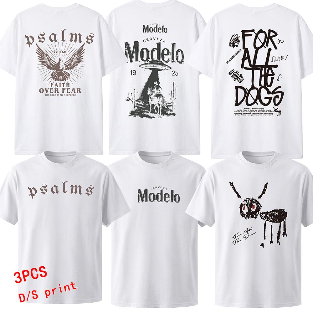 3-pack men’s double-sided print T-shirts, American short-sleeve T-shirts, beautifully patterned T-shirts, fun graphic T-shirts, matching couple short-sleeve T-shirts, versatile double-sided print T-shirts