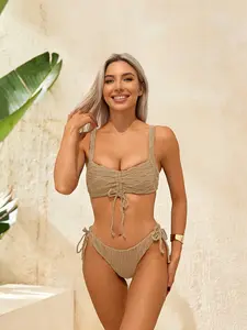 Textured Solid Color Drawstring Bikini Set | Ruched Tie Front 2 Piece Swimsuit for Beach Vacation