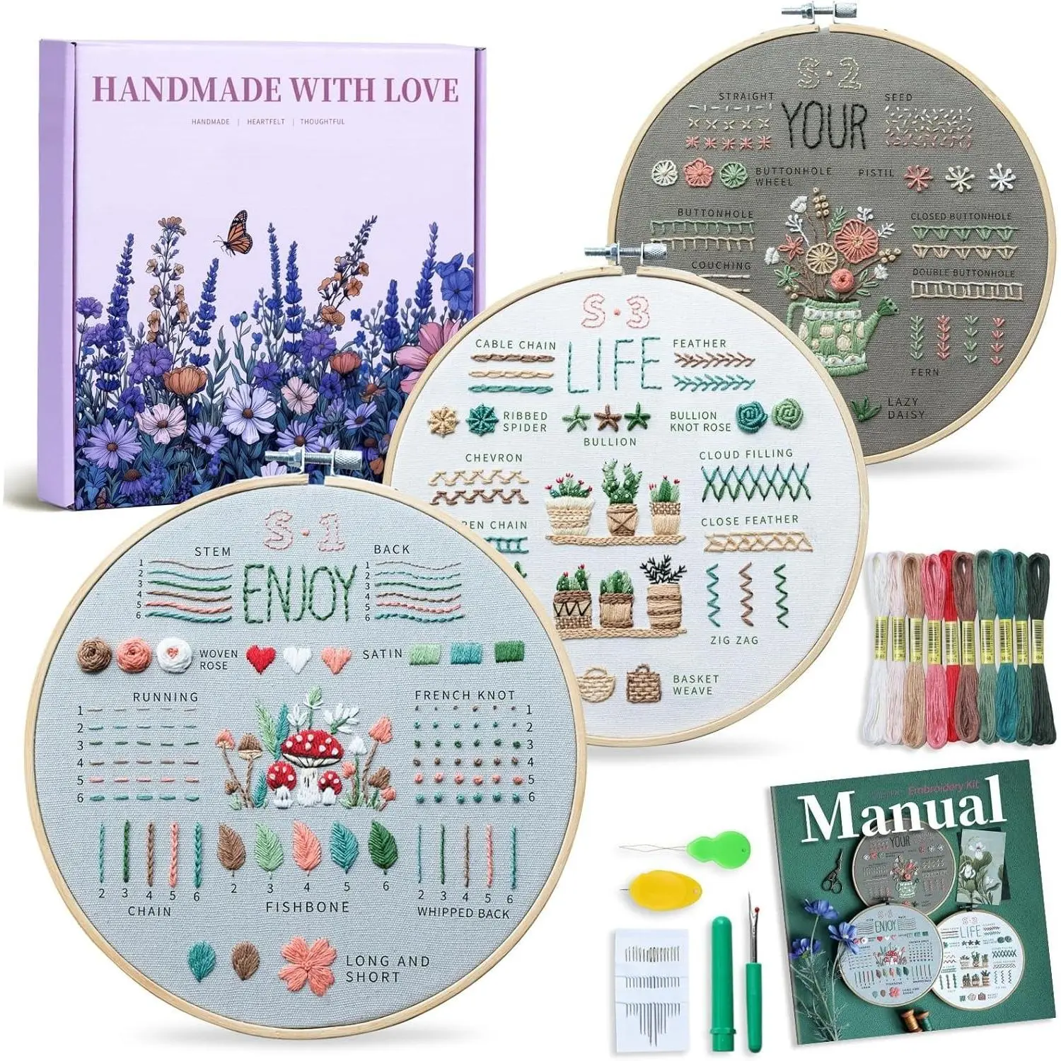 Beginner-Friendly Adult Embroidery Kit (SQ-HDJ038) - 3-Pack Pre-Stamped 33-Stitch Diagrams, 7.8-in Hoop, 10 Colorfast Floss, 16 Needles, Threads, Threader, Step-by-Step Guide, Video, Elegant Gift Packaging for Women (Christmas, Mother’s Day)