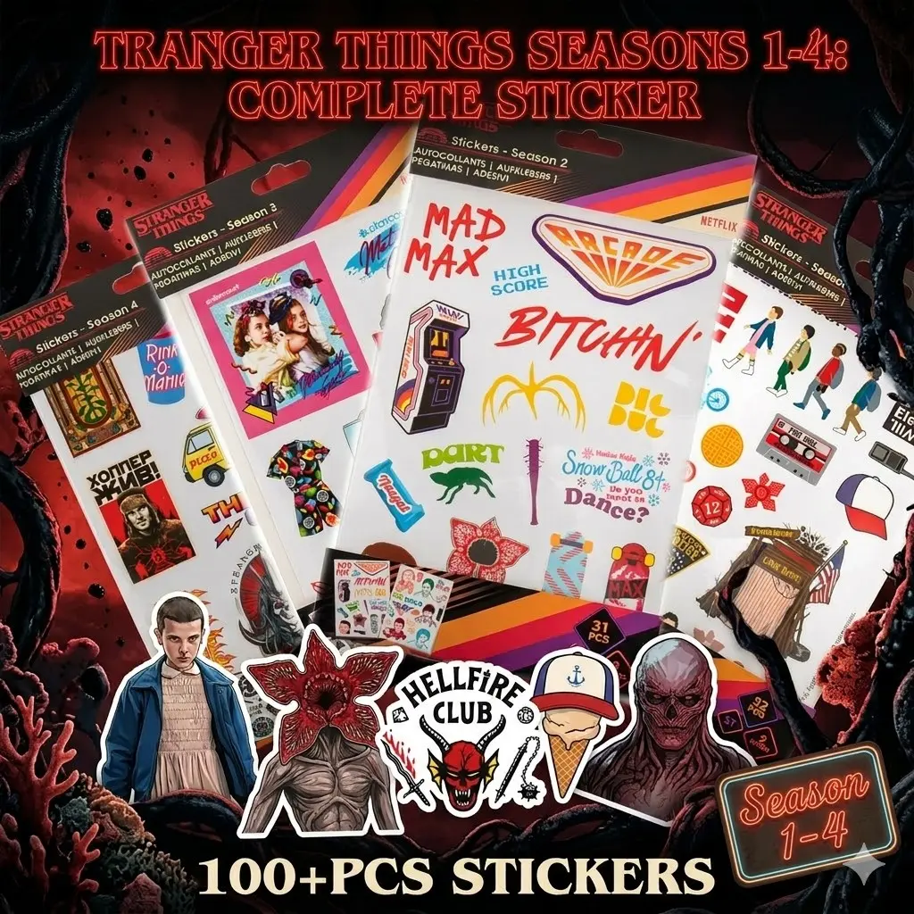 Stranger Things Officially Licensed Sticker Collage Pack, Sticker Decal, Sticker Sheets, Complete Collection Seasons 1-4, Retro Vinyl Stickers for Laptops, Skateboards, Water Bottles, Scrapbook Accessories