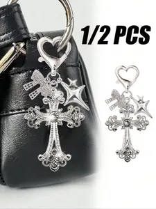 Baroque Style Silver Cross Stylish Keychain with Rhinestone Star Pendant, Y2K Heart Buckle, Perfect for Bags, Church, Wedding, Gifts