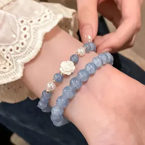 Women's Elegant Bracelet with Aquamarine, Moonstone, and Camellia Natural Gemstone Beads for Daily Wear