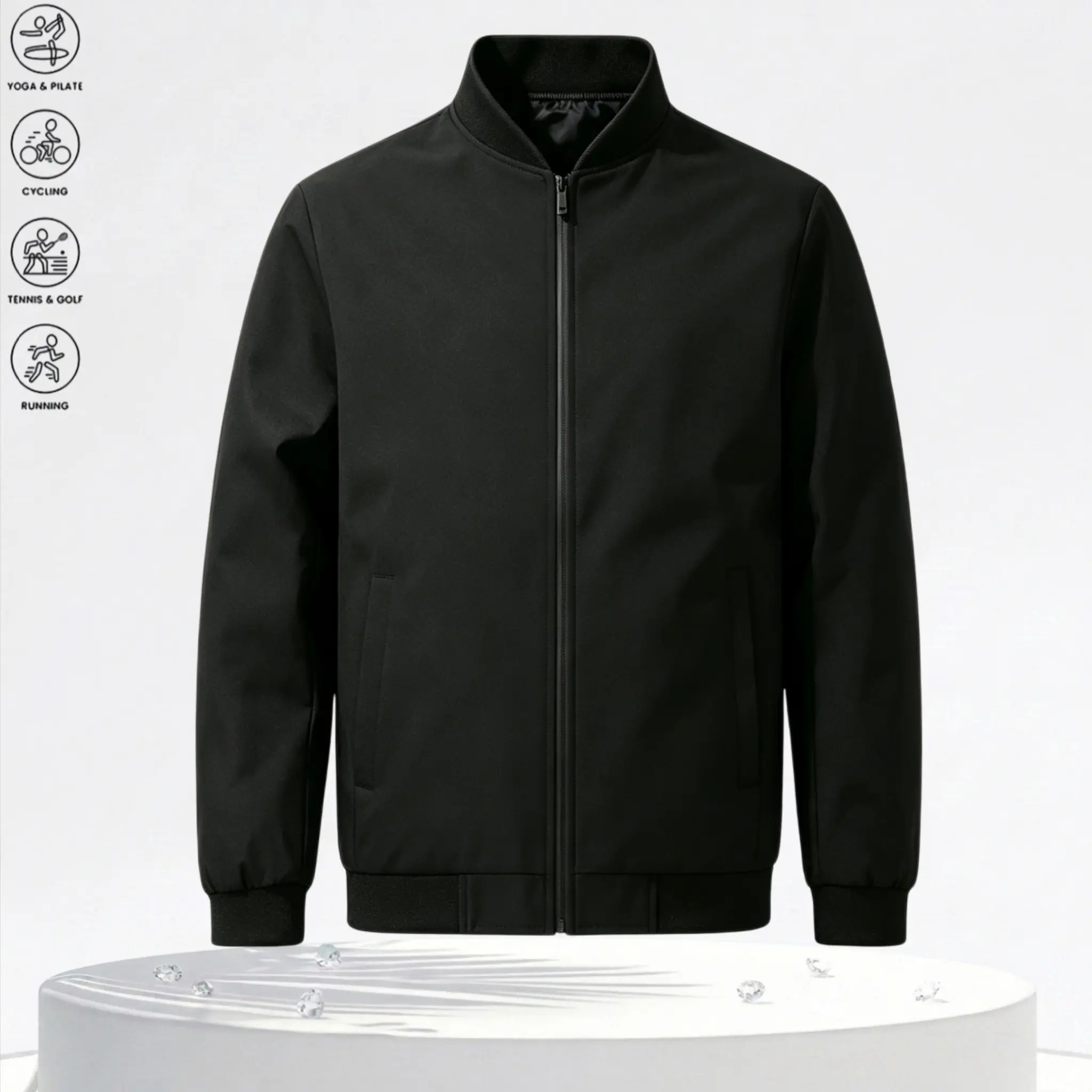 Men’s black solid zip jacket with a baseball collar; relaxed everyday casual top made from lightweight single-layer woven fabric that doesn’t feel heavy. Can be worn open or zipped up for two styling options. Minimalist solid design enhances the item’s pr