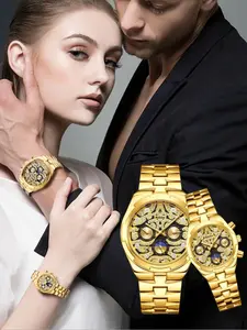 Luxury Fashion Couple Watch Set, Stainless Steel Band, Business Style His & Hers Watches, Waterproof Luminous Analog Wristwatch