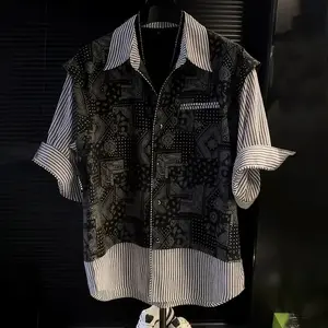 2026 Men's Summer Patchwork Striped Shirt Fake Two Piece Short Sleeve Vintage Print Button Down Casual Loose Top