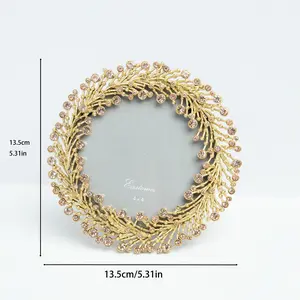 Vintage Gold Crystals Picture Frame Round Luxury Metal with Brilliant Crystals 5 x 5 inch Photo Frame for Decor and Gift