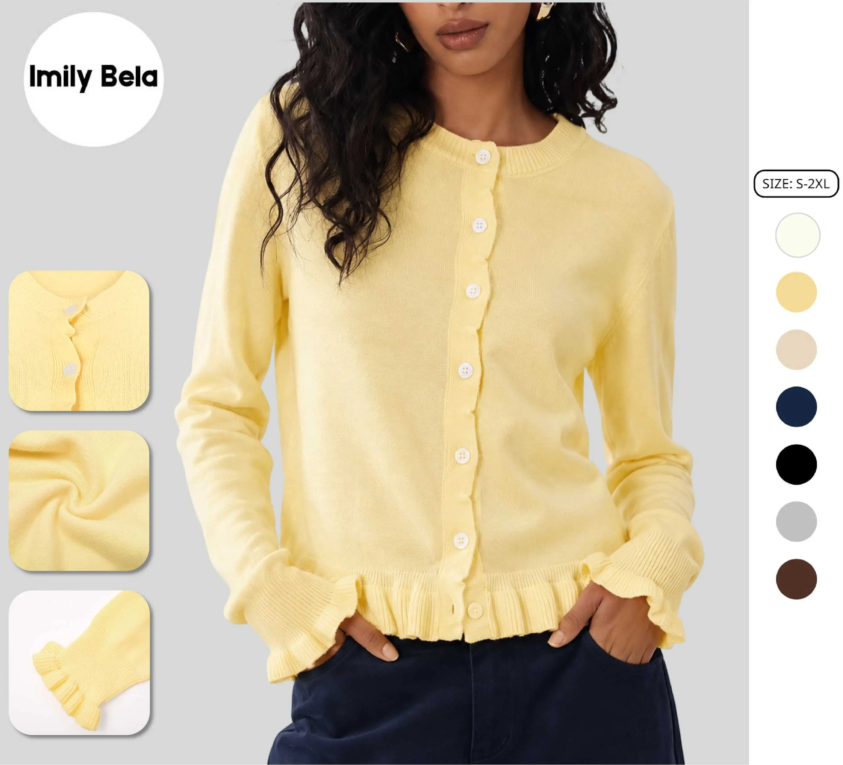 Imily Bela Women's Cropped Cardigan Sweater with Ruffle Trim, Frilly Crewneck Long Sleeve Button Down Knitwear, Cute Soft Cottagecore Outwear 2026 Trendy Soft Ribbed Knit Tops