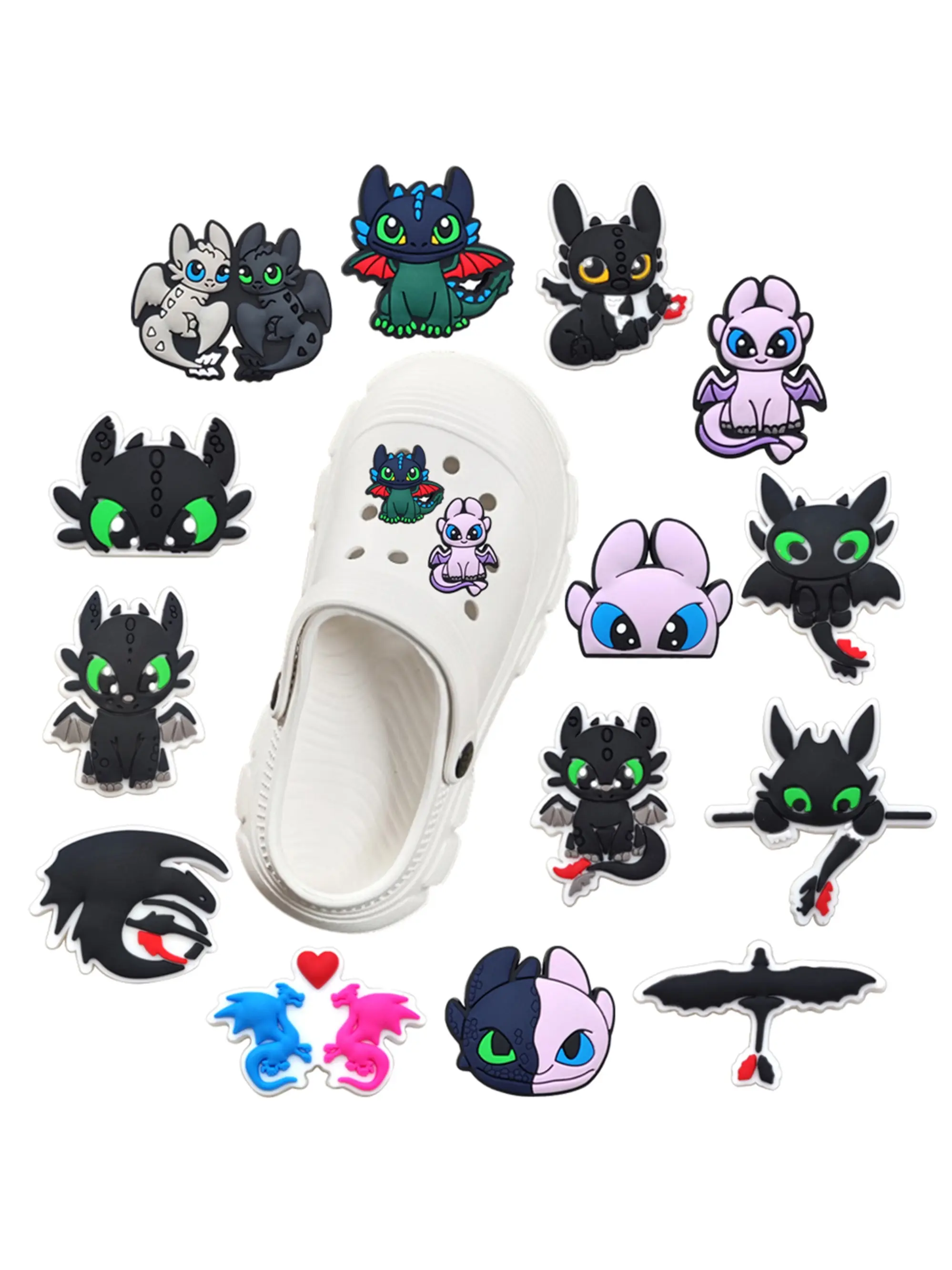 Cute Dragon Cartoon PVC Decorative Shoe Accessories Set, 14 Pcs Wristband Hole Slippers Decoration, DIY Fashion Footwear Decorations, Shoe Charms