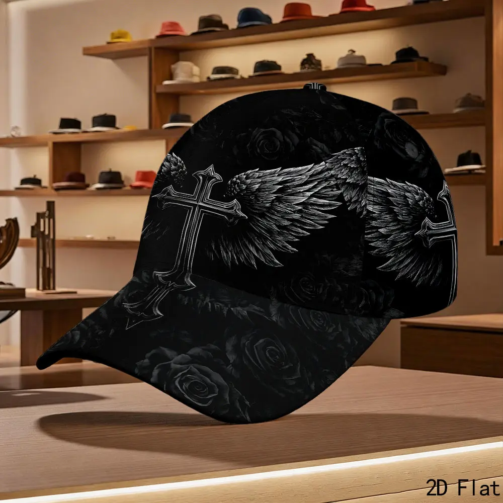 3D Flat Design Black Baseball Cap with Cross and Wings Motif for Men and Women 3D Flat Design Black Baseball Cap with Cross and Wings Motif for Men and Women