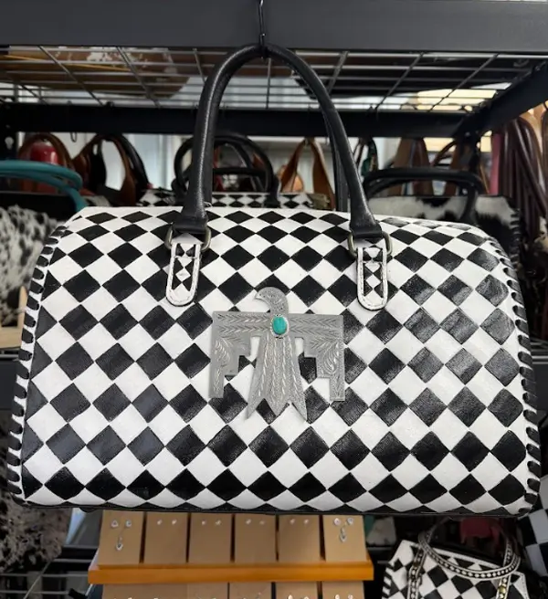 Genuine hand painted leather speedy bag- black & white checkered free bird