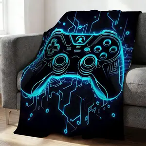 Neon Blue Game Controller Flannel Blanket, Futuristic Cyberpunk Throw Blanket for Home Decor, Perfect for Gaming, Camping Trips, and Cozy Office Warmth - Stylish and Functional Blanket