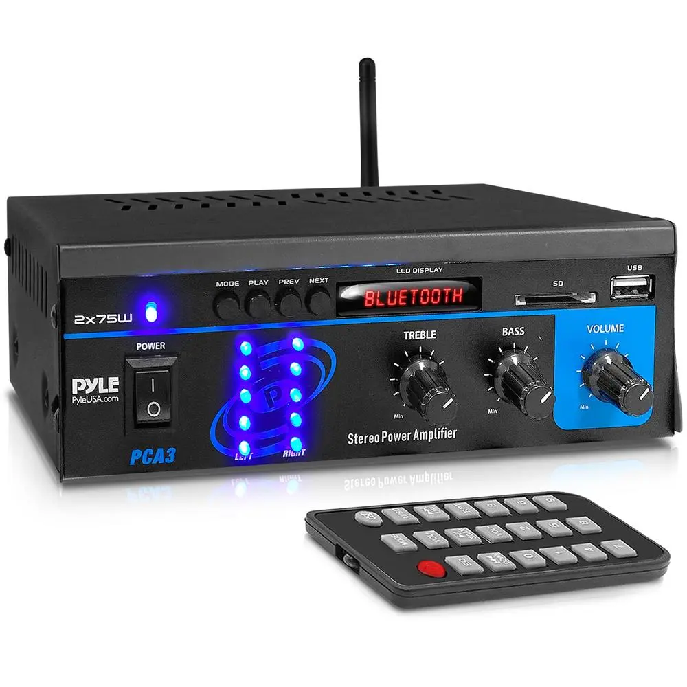 Mini Bluetooth Stereo Amplifier 150W | Compact and Powerful Mini Amp System Channel with RCA Input, USB/SD/FM Radio, Blue LED Display, Bass & Treble Control - Home Audio System - Remote Control & FM Antenna Included