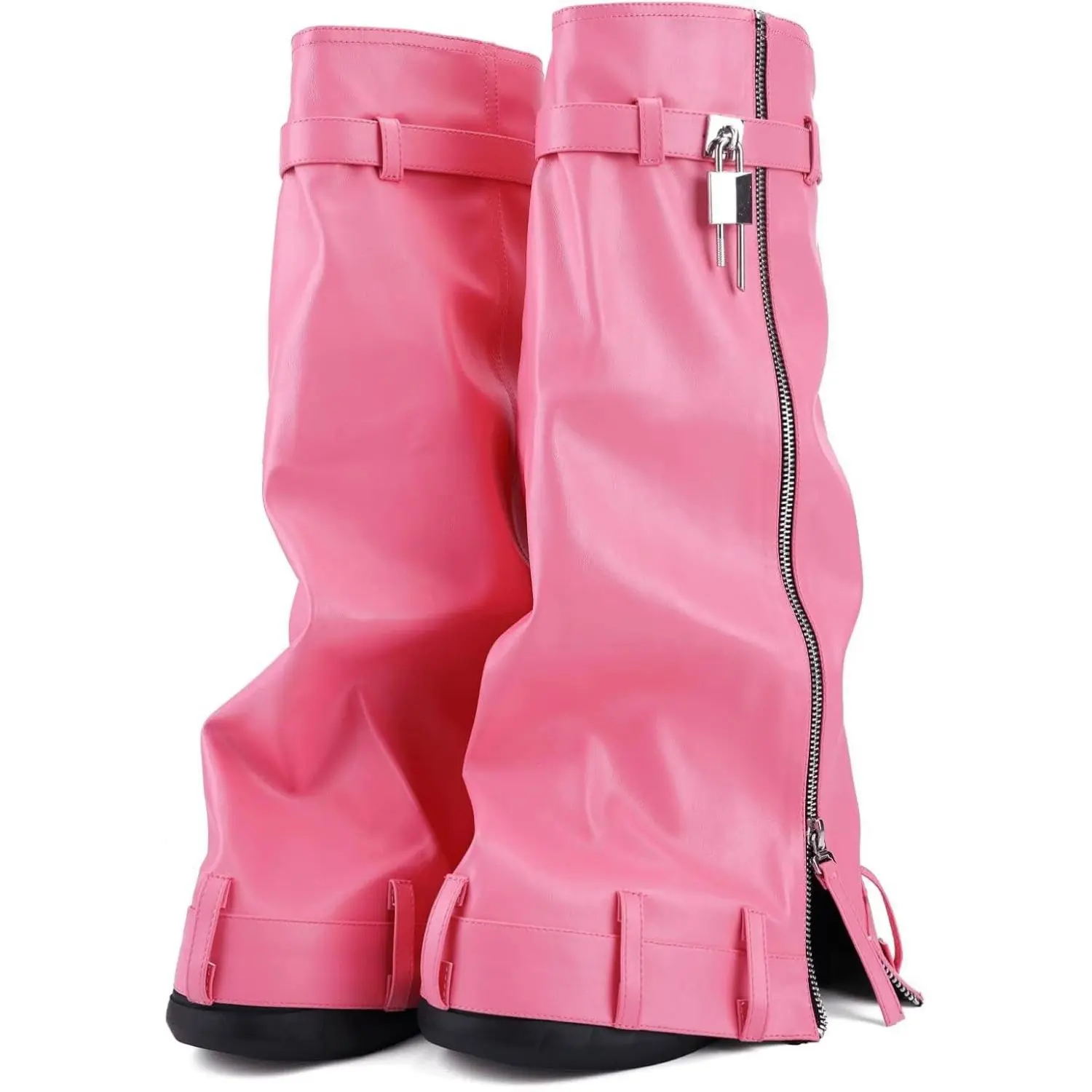 Fold Over Wedge Boots For Women Slouchy Rounded Toe Platform Knee Shark Boot With Side Zipper Pull-on Padlack Boots