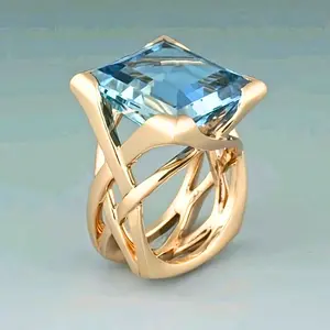 Elegant Women’s Big Blue Crystal Ring – Princess Cut Zircon With Gold Plated Setting, Statement Engagement/Wedding Anniversary Jewelry