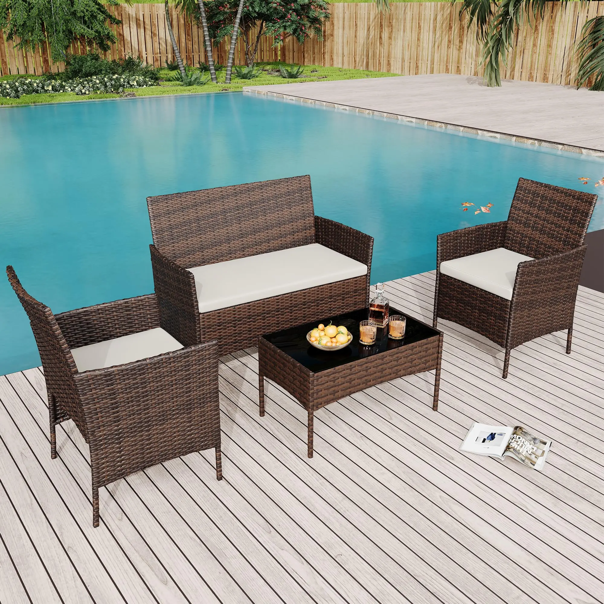 4-Piece Wicker Patio Furniture Set, Farmhouse Outdoor Conversation Set with Glass Coffee Table & Cushioned Chairs, for Garden, Balcony, Backyard