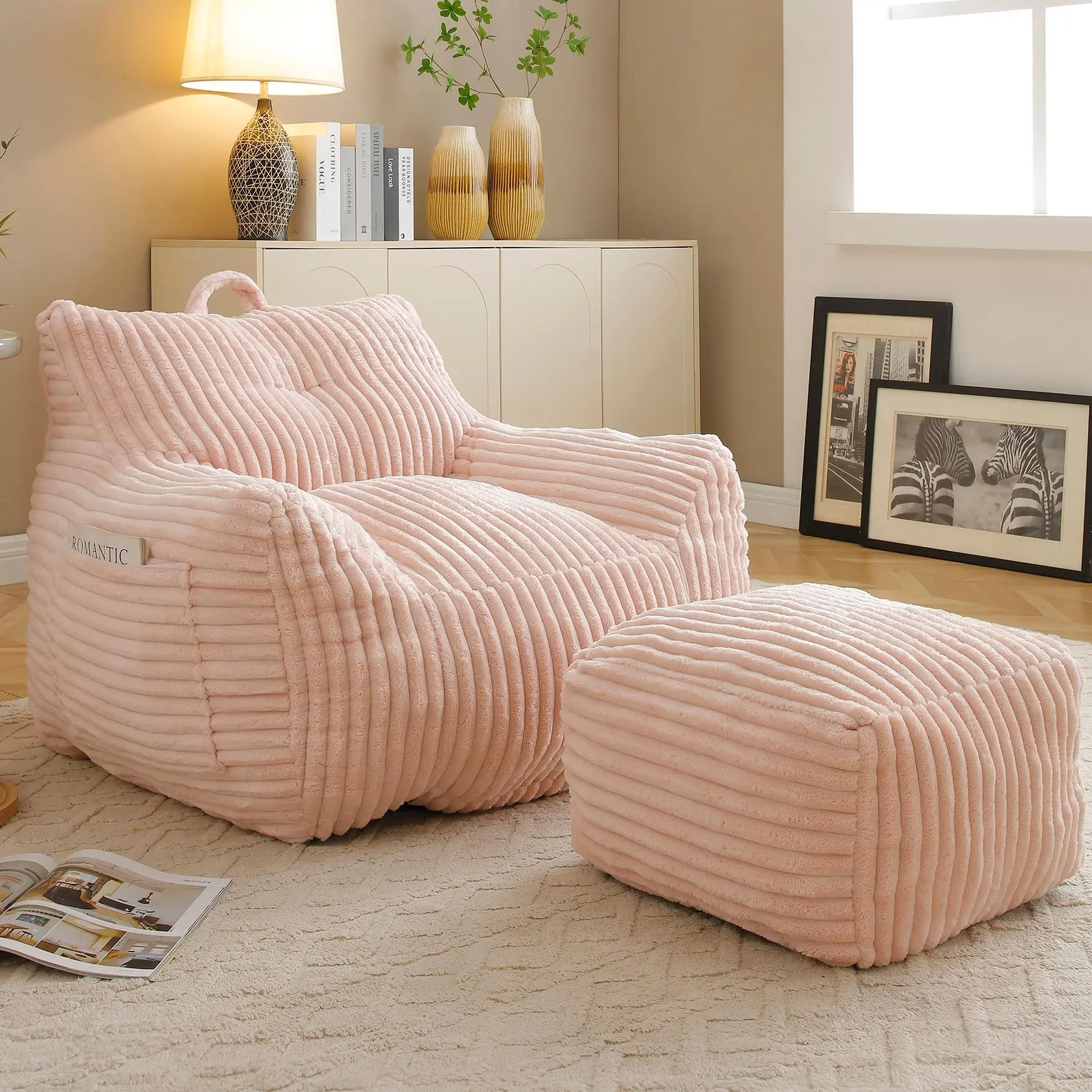 Eyisean Casual Corduroy Bean Bag Chair with Filler & Ottoman, 56x27.5x28.3" Tufted Memory Foam Lazy Sofa with Fixed Arms, Chaise Lounge, Side Pocket for Teen Gaming Setups, Indoor Furniture for Bedrooms