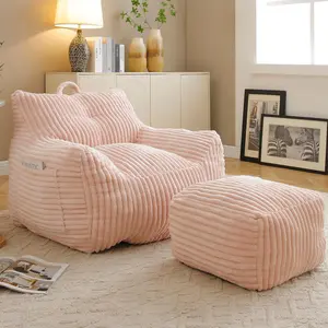 Eyisean 56"D x 27.5"W x 28.3"H Corduroy Bean Bag Chair with Filler, 27.5'' Comfy Cozy Bean Bag Chairs With Ottoman, Tufted Soft Stuffed Filling & Memory Foam, Fluffy and Lazy Sofa with Side Pocket for Relax/Gaming