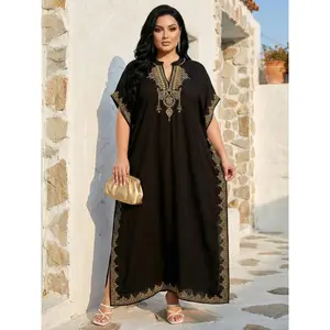 2026Plus Size Ethnic Pattern Embroidered Split Kaftan Dress, Boho Notched Neck Batwing Sleeve Long Dress, Summer Clothing, Women'S Summer Clothes, Modest Clothing Caftan Robe, Muslim Women Gowns, Modesty Muslim Clothing..