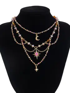 Vintage Moon Crystal Cross Chain Necklace, High-End Fashion Statement Jewelry, Elegant Party Wear Accessory, Unique Design, Star Shine Necklace