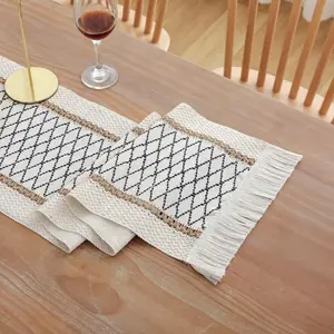 Boho Table Runner 86 Inches Long Farmhouse Rustic Table Runner Black Off White Grid Coffee Table Runner with Tassels for Home Decor for Dining Bridal Shower Decor (12x86 Inches)