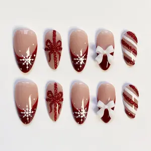 Christmas Nails/Burgundy Nails/Christmas Press on nails long almond nails/Snow Nails/Sparkle Nails/Bling Nails/Red Cat Eye Nails/Red Nails