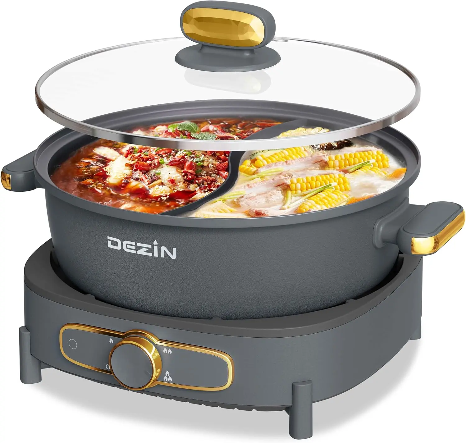 Dezin 6L Electric Hot Pot with Divider, 1500W Removable Non-Stick Double-Flavor Pot (3" Depth), Power Control, Silicone Ladle for Shabu Shabu