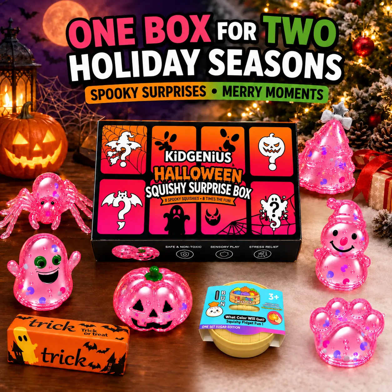 KIDGENIUS 8 Piece Fun Squeeze Toy Set Perfect for Halloween and Christmas Stunning Gift Box Available in 3 Color Options Ideal for All Ages Fun and Exciting Squishy Toys Great for Relaxation and Entertainment