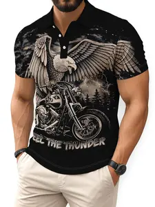 Feel the Thunder Eagle & Motorcycle Print Polo Shirt, Biker Outlaw Casual Fitted Top, Men's Fashion Tee, Comfortable Daily Wear
