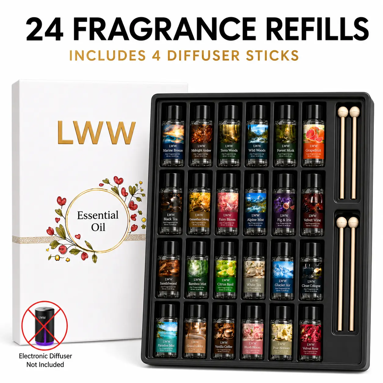 LWW 24-Pack 10mL Multi-Setting Car Fragrance Refill Oils for Car Interior Decor, 24 Assorted Scents, 4 Diffuser Sticks, Gift Box Included (Refill Set Only)