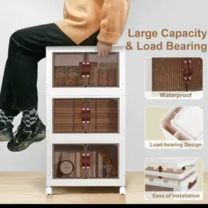 Household Storage Box with Lids and Doors, 3 Tilers of 8.8Gal Collapsible Stack-able Bins with Wheels for Office, Dorm Room Organiser Transparent