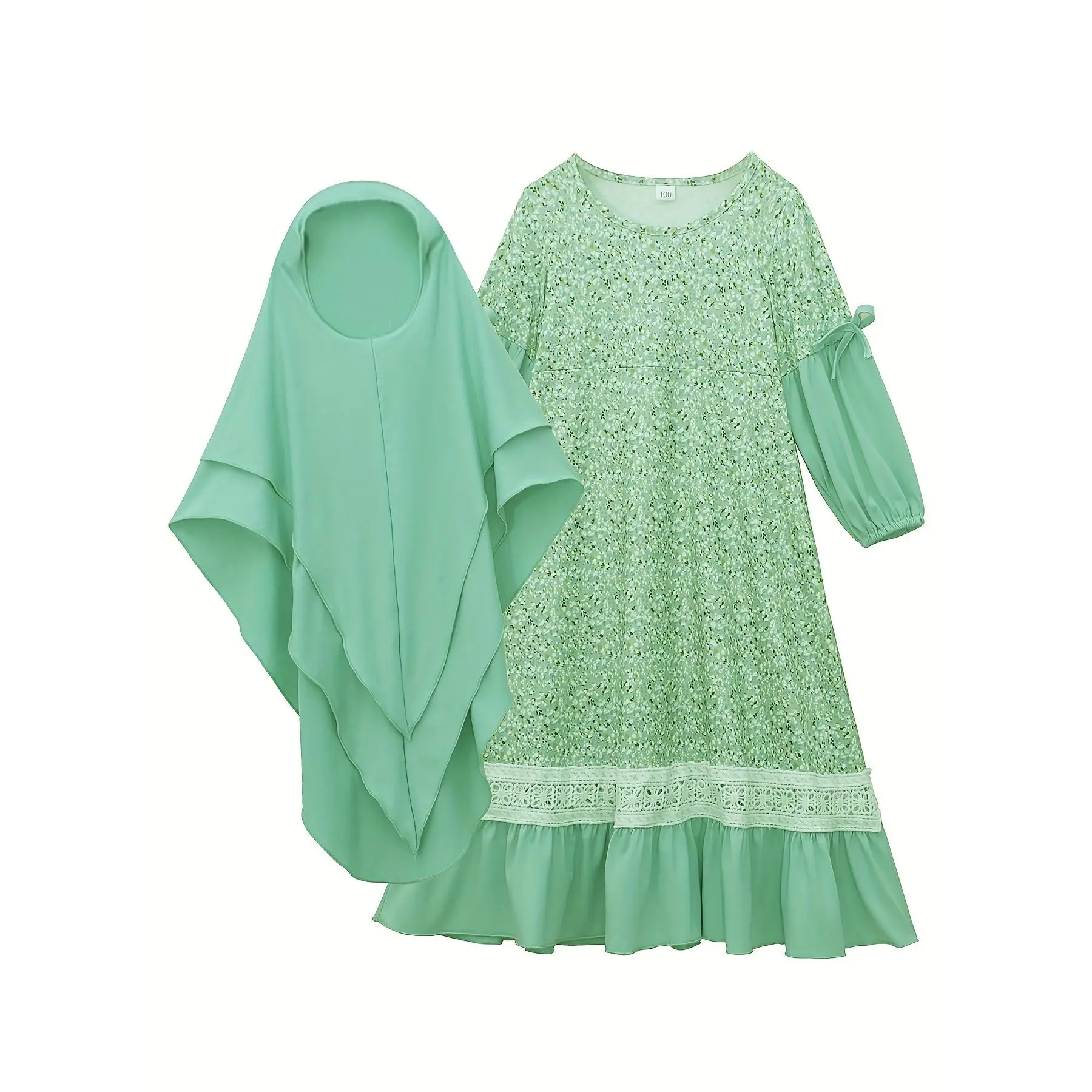 Girls 2pcs/set Loose & Comfy Muslim Ethnic Style Allover Flowers Pattern Dress & Hijab For Spring & Summer