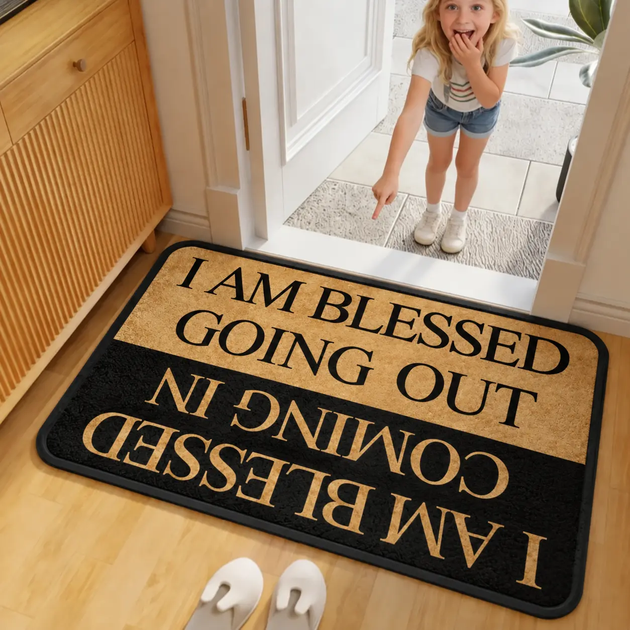 Door mat with blessing letter pattern, indoor entryway floor mat, minimalist style, creative room decor small rug, suitable for living rooms, bedrooms, dorm entry mats—good luck area rug