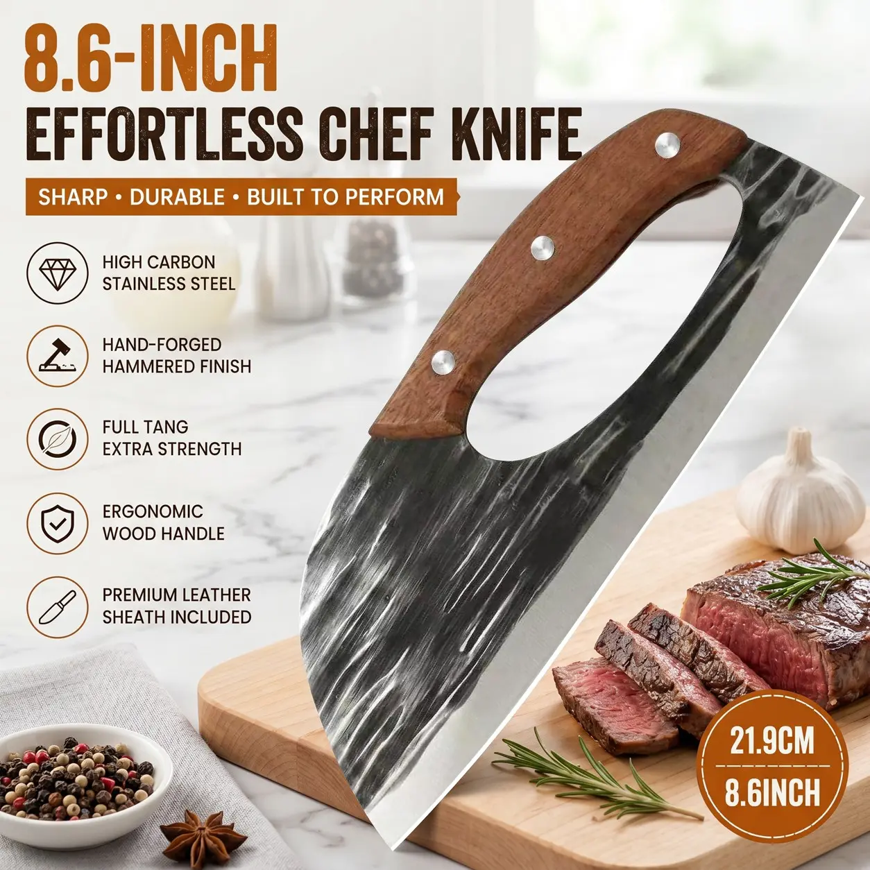 Premium Multifunctional Kitchen Chef's Knife Cooking Meat Cleaver and Leather Sheath High-end Stainless Steel Butcher Knife with Ergonomic Wood Handle & Control Hole Multi-Purpose Kitchen Chef Knife for Meat and Veggies Non-Stick Hammered Chopping Knife