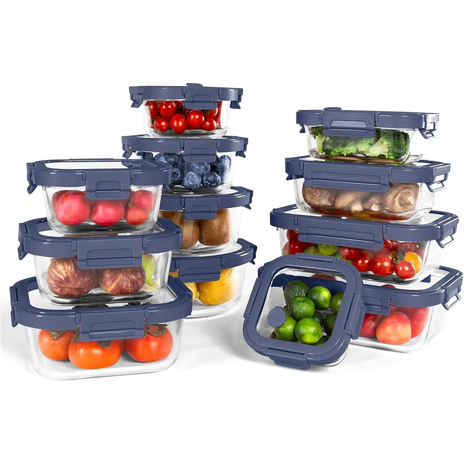 12-Pack Glass Containers with Tempered Lids – Borosilicate, Oven-Safe(-4°F~950°F), Airtight, BPA-Free, Multi-Size for Meal Prep, Dishwasher Safe, 1.6 cups to 6.4 cups (Blue)