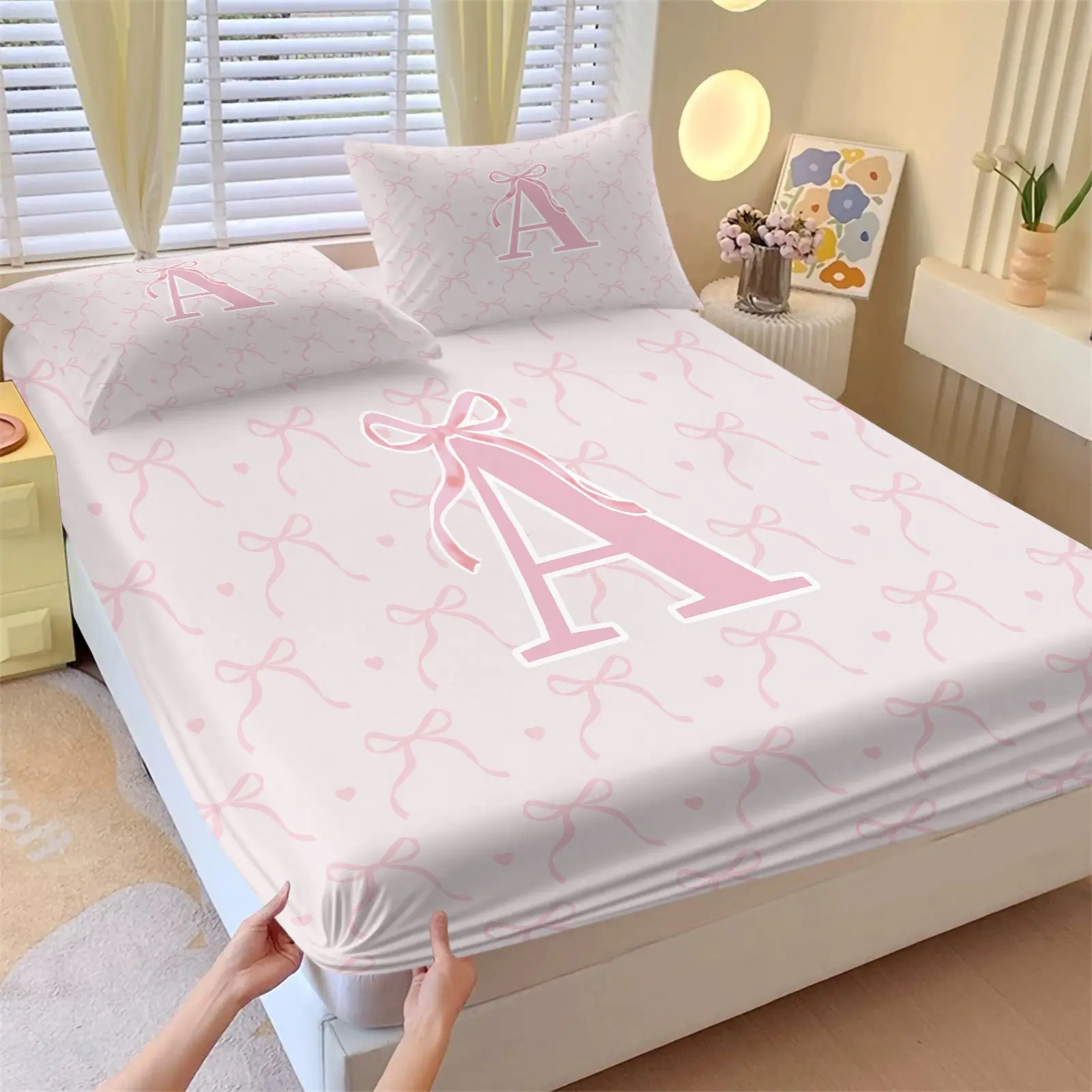 3Pcs Pink Bow Fitted Sheet Set, A-Z Alphabet Printed Bedding Sets, Decorative Bedsheet Sets, Comfortable and Durable Bed Sheet, Soft Comfy Bedding, Bedding Sheets, Filler Not Included
