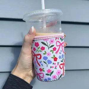 Floral Bow Drink Sleeve Koozie - Small/Medium Size 16-18 oz Reusable Eco-Friendly Beverage Holder for Hot or Cold Drinks