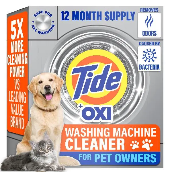 Tide Pet Washing Machine Cleaner 52 Week Supply with Oxi for Front and Top Loader Washer Machines, Deep Cleaning Residue & Odor Eliminator, 12 Month Supply (Packaging May Vary)