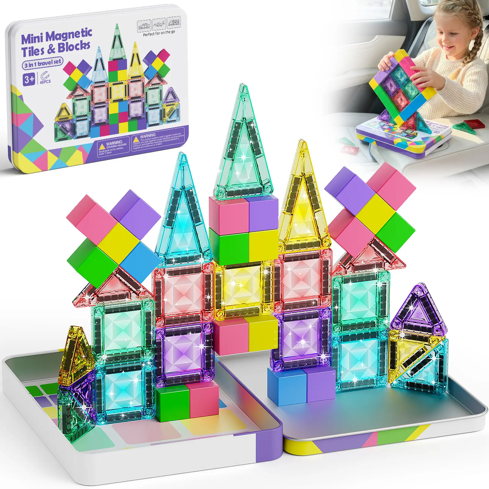 Spotence Mini Magnetic Tiles Blocks Travel Toys,48 PCS 3-in-1 Diamond Magnet Building Set with Tin Play Board, Road Trip Airplane Activities STEM Gift for Kids Boys Girls Ages 3-8