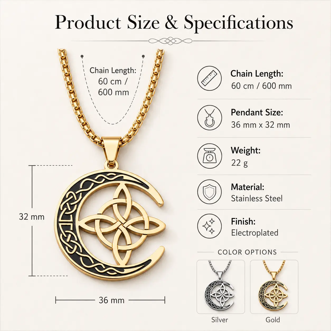 Ornate Cross Emblem Necklace with Celtic Moon, Culturally-Inspired Statement Jewelry in Gold or Silver Tone for Men and Women, Cross Emblem Necklaces, Culturally-Inspired Necklaces