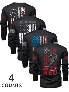 Men's Flag Series Graphic Crew Neck Long Sleeve T-Shirt Set, Casual Street Outdoor Pullover for Spring & Fall, Fitted Moderate Fabric, H Type Silhouette, Casual Clothing