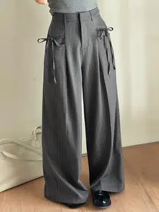 Women's Striped Casual Business Wide Leg Pants, Casual Commuter Pants, Casual Chic Trousers, Comfortable Fit, Casual Comfy Fit, Fashion Design, Suitable for Work and Daily Wear, Loose-Fitting, Button Fly