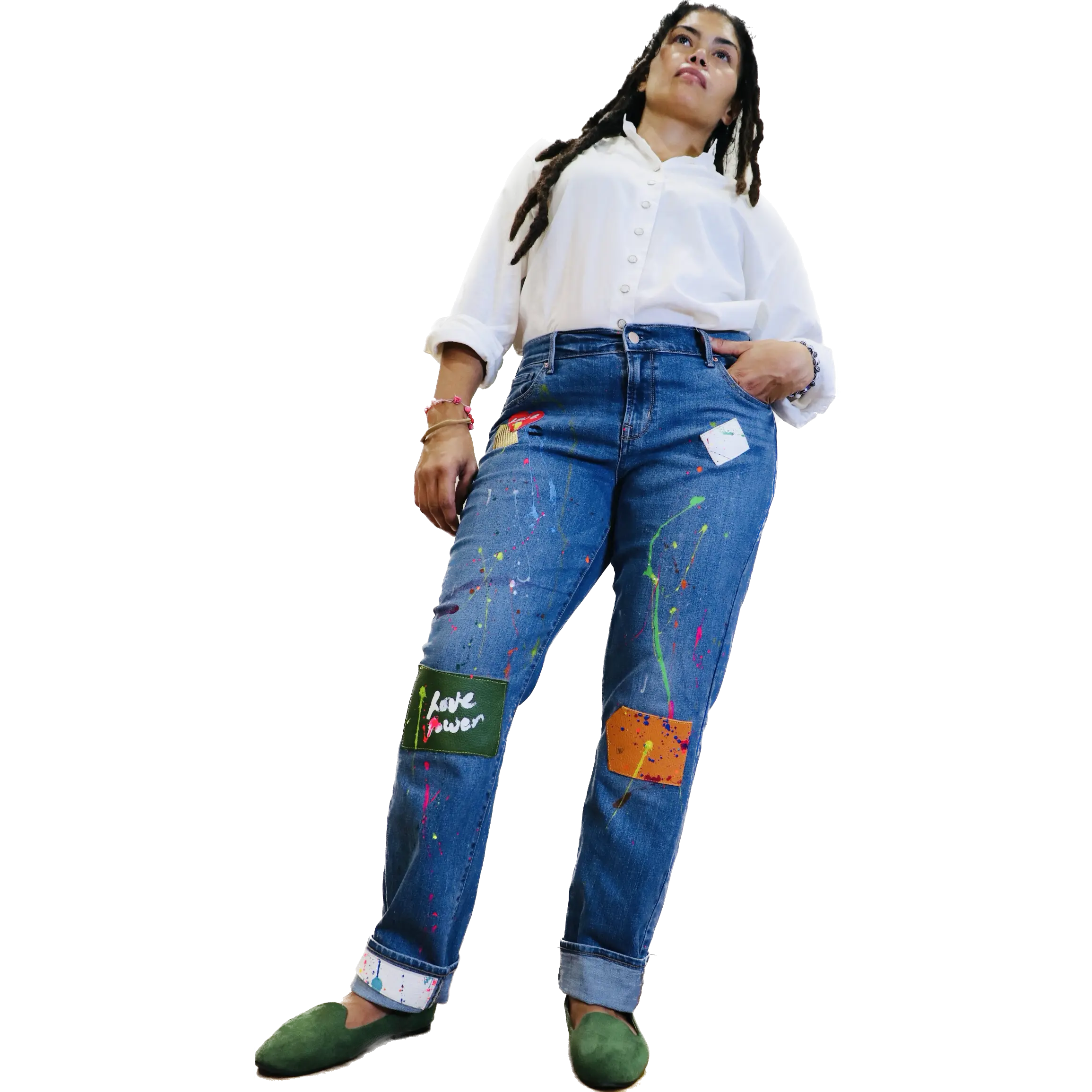 Alexander Boyce painted jeans w/ leather patches