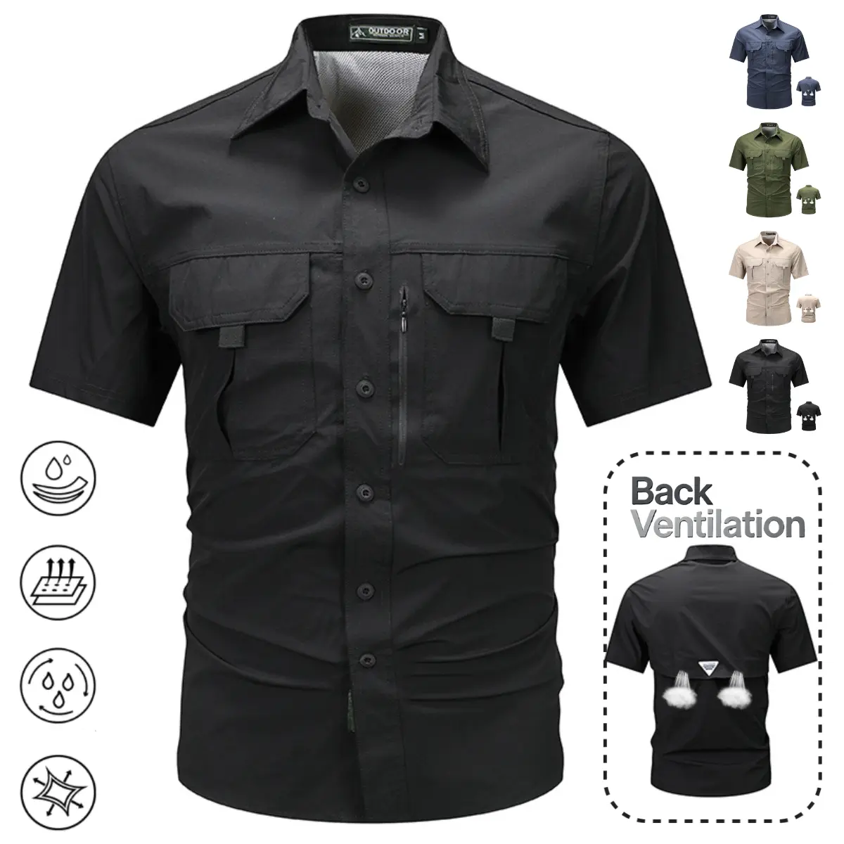 Men's Outdoor Workwear Short-Sleeve Shirt — Multi-Pocket Functional Casual Top Black Plain