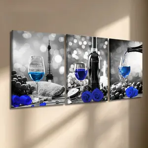 3 Pcs/Set Wooden-Framed Canvas Painting, Paris Wine & Blue Rose Triptych Canvas Wall Art, Eiffel Tower & Wine Glass Print for Living Room, Bedroom, Office Decoration, Modern Home Decor, Fashion Artistic Ornaments, Artwork