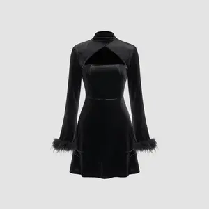 Cider [size 0-10] Feather-trim Velvet  Tube Ruffle Mini Dress