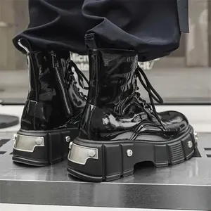 StylishHigh-TopBlackPatentLeatherDerbyBootsforMen-ChunkyPlatform,RoundToe,SideZipper&Lace-UpClosure,DurableRubberOutsole,SyntheticLeatherLining&Insole,All-SeasonComfortableFashionBootsforCasual&StreetStyle