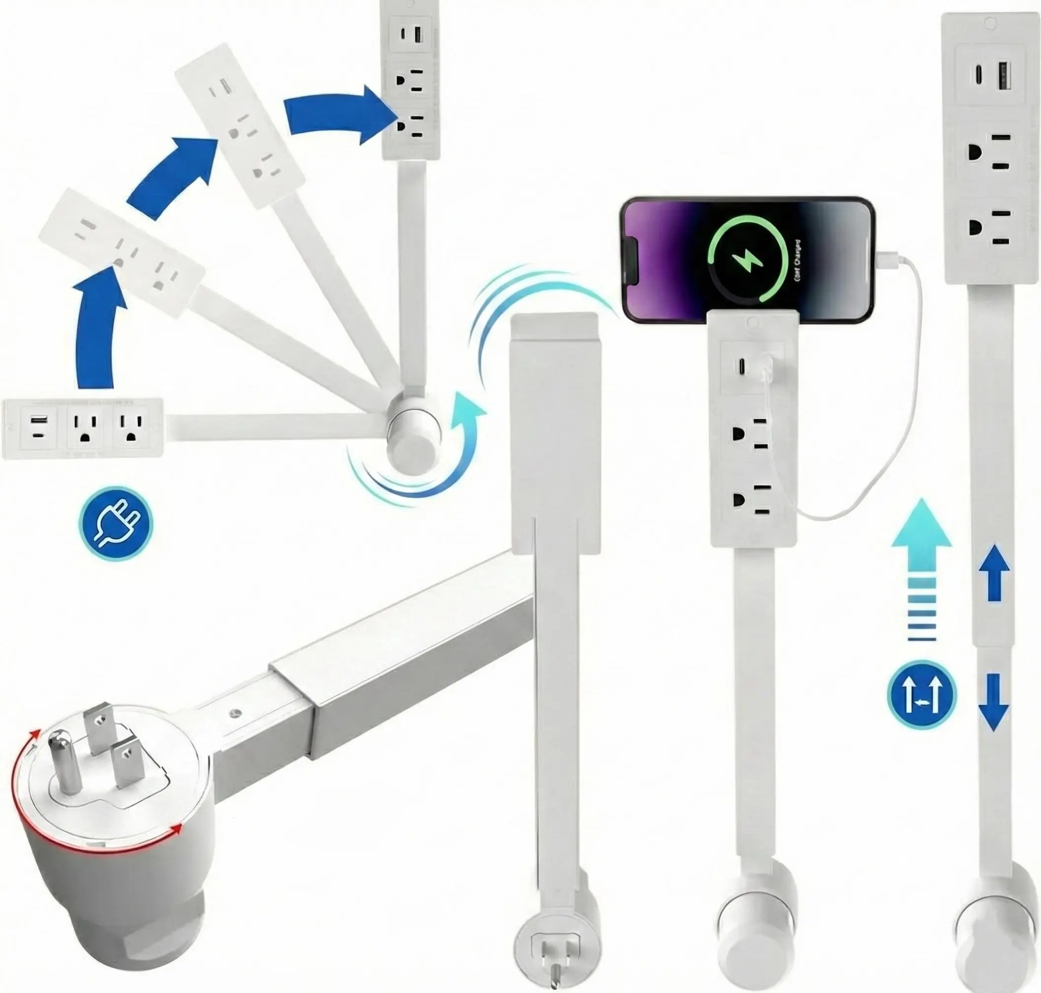 Outlet Extender Outlet electrical Mountable Multi Plug Wall Outlet, with USB-A USB-C & 2 AC, Extendable 22-34" Rotatable 180°, Surge Protector Power Strip,UL-certified power cord,ideal for behind furniture in home/office Usb Ports Socket Usb Plug In