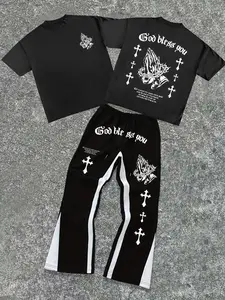 Men's Fashion Casual Two-Piece Set, Prayer Graphic Print Round Neck Short Sleeve T-Shirt & Drawstring Flare Pants, Spring Summer Wear