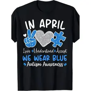 Autism Awareness April Wear Blue Heavyweight Cotton T Shirt with Puzzle Piece and Peace Sign